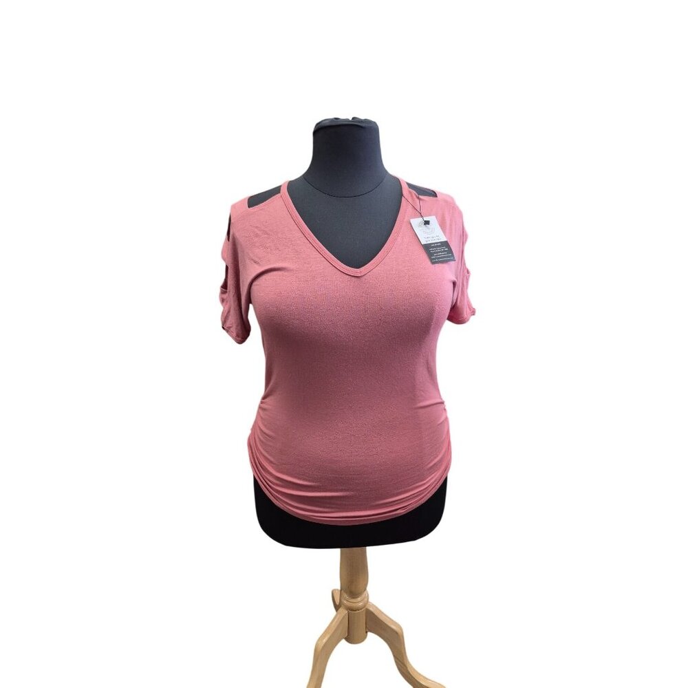 Womens Large Pink V-Neck Cutout Sleeve Top Medium Rayon/Spandex Blend
